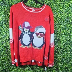 Holiday Time Red Crew Neck Penguin Sweater